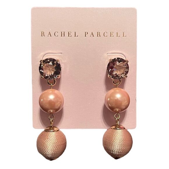Rachel Parcell Linear Ball Drop Earrings In Pink Pearl Gold NWT - Picture 1 of 4